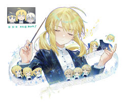  ahoge artoria_pendragon_(fate) beamed_eighth_notes blonde_hair blush_stickers chibi chibi_inset closed_mouth commentary_request conductor_baton cropped_torso eighth_note fate/grand_order fate_(series) fujimaru_ritsuka_wa_wakaranai grand_piano highres holding_baton instrument multiple_views music musical_note mysterious_heroine_x_(fate) mysterious_heroine_x_alter_(fate) nigiri piano playing_instrument playing_piano reference_inset saber_(fate) scene_reference signature singing staff_(music) star_(symbol) twitter_username 