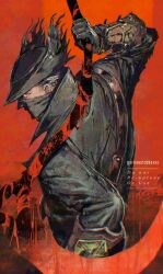 1boy arm_behind_back belt black_belt black_coat black_gloves black_hat black_mask blood blood_on_weapon bloodborne coat elbow_gloves from_side gloves guri_otoko hand_up hat highres holding_sickle hunter_(bloodborne) looking_at_viewer male_focus mask mouth_mask ninja_mask popped_collar red_background red_eyes serious shadow short_hair sidelighting sideways_glance upper_body weapon 