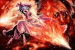  blue_hair chiro_(pixiv) crazy fangs fire glowing glowing_eyes hair_over_one_eye hat high_heels highres polearm red_eyes remilia_scarlet shoes short_hair spear_the_gungnir touhou weapon wings 