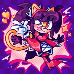  1girl abstract_background animal_ears black_hair boots cat_ears cat_girl cat_tail chibi chibi_only commentary dress english_commentary full_body furry furry_female gloves hairband hazelnutnebula highres honey_the_cat one_eye_closed orange_eyes red_dress red_footwear red_hairband short_twintails solo sonic_(series) sonic_the_fighters sonic_the_hedgehog_(classic) tail tongue tongue_out twintails walking white_gloves 