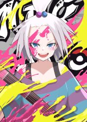  1girl :d bass_guitar blue_eyes blue_shirt eyelashes gawa_kawa0320 graffiti hair_bobbles hair_ornament instrument mixed-language_commentary open_mouth paint_splatter paint_splatter_on_face poke_ball poke_ball_(basic) pokemon pokemon_bw2 purple_shirt roxie_(pokemon) shirt short_hair smile solo striped_clothes striped_shirt teeth topknot two-tone_shirt upper_body upper_teeth_only v-shaped_eyebrows white_hair 