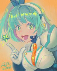  1girl blue_eyes blue_hair breasts headset highres large_breasts mega_man_(series) mega_man_x_(series) mega_man_x_dive orange_background rico_(mega_man) robot_girl ropuning simple_background solo star_(symbol) upper_body 