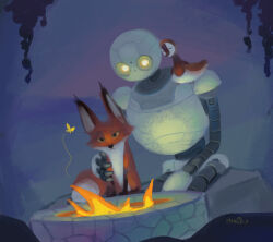  animal_ears artist_name bird brightbill_(the_wild_robot) closed_eyes closed_mouth commentary fink_(the_wild_robot) fire fox fox_ears goose highres robot rozzum_unit_7134 the_wild_robot twitter_username ui2ko 