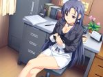  1girl blue_eyes breasts business_suit cleavage crossed_legs desk female flower formal game_cg highres indoors jewelry koutaro large_breasts legs locket long_hair long_legs miniskirt office_lady pendant saotome_nagi sitting skirt skirt_suit smile solo suit thighs tropical_kiss very_long_hair wallpaper wrist_cuffs writing 