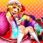  abazure blonde_hair character_doll fang flandre_scarlet glowing heart heart_pillow hong_meiling kneehighs knife legs pillow red_eyes red_hair redhead remilia_scarlet short_hair side_ponytail sitting solo the_embodiment_of_scarlet_devil throwing_knife touhou weapon white_legwear wings 