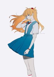  1girl artist_name bad_id bad_twitter_id blue_dress blue_eyes dress expressionless from_side highres interface_headset kazari_tayu long_hair neck_ribbon neon_genesis_evangelion pinafore_dress red_hair red_ribbon ribbon shirt sleeveless sleeveless_dress solo souryuu_asuka_langley standing watch watch white_shirt 