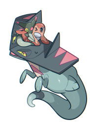  alu_illust aru_(citrine_drplt) colored_sclera dragapult dreepy floating head_wings highres hug no_humans one_eye_closed pokemon pokemon_(creature) simple_background tatsugiri tatsugiri_(curly) very_long_tail white_background wings yellow_sclera 