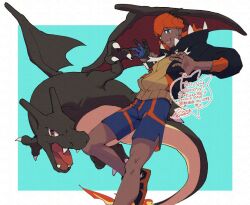  1boy :d alternate_color black_hair black_hoodie border charizard commentary_request dark-skinned_male dark_skin fang flame-tipped_tail gloves headband hood hood_down hoodie knees leg_up looking_down male_focus open_mouth orange_headband outside_border partially_fingerless_gloves pokemon pokemon_(creature) pokemon_swsh raihan_(pokemon) sagemaru-br shiny_pokemon short_hair shorts side_slit side_slit_shorts single_glove smile white_border 