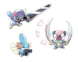  anger_vein angry animal_focus bird black_background blue_skin closed_mouth colored_skin commentary dual_wielding english_commentary fangs freckles greatsword gun handgun holding holding_gun holding_sword holding_weapon mudkip no_humans oshawott penguin piplup pixel_art pokemon pokemon_(creature) robin_(pixelated_robin) scimitar smile solid_eyes sword weapon white_background white_eyes 