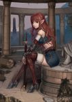  boots crop_top detached_sleeves fantasy highres long_hair midriff original pointy_ears red_eyes red_hair redhead ruins sitting solo sword thigh-highs thigh_boots thighhighs wavy_hair weapon white_legwear youbou zettai_ryouiki 