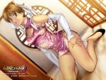  bare_shoulders breasts brown_hair bun_cover china_dress chinadress chinese_clothes cleavage cleavage_cutout detached_sleeves double_bun grey_eyes hands highres homare_(fool's_art) homare_dou kanamori_reiko kneeling legs lips lipstick nail_polish shoes solo wallpaper wrestle_angels wrestle_angels_survivor_2 