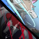  alternate_form animal_ears blue_eyes claws closed_mouth day dual_persona fangs glowing glowing_eyes looking_to_the_side lycanroc night no_humans open_mouth pokemon pokemon_(creature) pokemon_(game) pokemon_sm red_eyes wolf_ears 