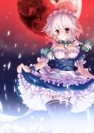  abyss_of_parliament apron braid breasts cleavage curtsey expressionless garter_straps garters highres izayoi_sakuya maid moon no_panties north_abyssor pocket_watch red_eyes red_moon short_hair silver_hair skirt skirt_lift solo thigh-highs thighhighs touhou twin_braids watch 