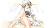  ahoge bare_legs barefoot blonde_hair brown_eyes curtains doll_hug dress feet greek_toe haruka_na_sora head_tilt highres kasugano_sora komori_kei long_hair panties ribbon sitting solo stuffed_animal stuffed_toy toes underwear very_long_hair wallpaper window yosuganosora 