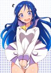  /\/\/\ 1girl blue_eyes blue_hair blush clearite dokidoki!_precure dress dress_tug hishikawa_rikka long_hair looking_at_viewer precure school_uniform solo wind 
