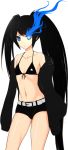  bad_id bare_shoulders belt bikini_top black_hair black_rock_shooter black_rock_shooter_(character) blue_eyes chikage36 coat front-tie_top glowing glowing_eyes highres midriff off_shoulder parted_lips scar short_shorts shorts simple_background solo twintails white_background 