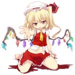  beckon blonde_hair blood child flandre_scarlet foreshortening hands hat highres looking_at_viewer mamo mamo_williams open_skirt outstretched_arm outstretched_hand red_eyes ribbon short_hair side_ponytail simple_background sitting touhou wariza wings 