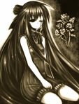  1girl dress flower highres kotoba_noriaki long_hair monochrome original ribbon scar signature solo 