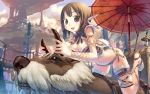  animal breasts brown_eyes brown_hair cleavage fantasy feathers highres horns oriental_umbrella original scenery solo teruterubouzu tougetsu_gou umbrella 