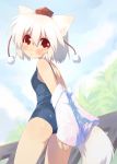  1girl :o animal_ears ass blush detached_sleeves eyebrows_visible_through_hair hat highres hyokkori_tamago inubashiri_momiji looking_at_viewer looking_back nekomimi one-piece_swimsuit red_eyes school_swimsuit short_hair silver_hair small_breasts solo swimsuit swimsuit tail toba_hiyoko tokin_hat touhou white_hair wolf_ears wolf_tail 