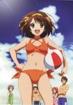  asahina_mikuru ball beachball bikini brown_eyes brown_hair cloud detexted headband highres koizumi_itsuki kyon long_hair multiple_girls nagato_yuki ponytail purple_hair short_hair shorts sky suzumiya_haruhi suzumiya_haruhi_no_yuuutsu swimsuit swimsuit 