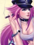  1girl absurdres breasts capcom cigar cleavage collar crossdressinging cuffs final_fight fingernails handcuffs hat highres kei03 lips lipstick long_hair nail_polish peaked_cap pink_hair poison poison_(final_fight) realistic scan signature skull_and_crossbones smoking solo trap 