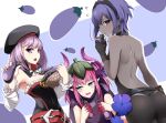  3girls armpits ass assassin_(fate/prototype_fragments) bare_shoulders belt blue_eyes blush commentary_request detached_sleeves eggplant eggplant_costume embarrassed fang fate/extra fate/extra_ccc fate/grand_order fate/prototype fate/prototype:_fragments_of_blue_and_silver fate_(series) fingerless_gloves fingernails gloves hat helena_blavatsky_(fate/grand_order) horns lancer_(fate/extra_ccc) long_fingernails looking_at_viewer looking_away looking_back multiple_girls pink_eyes pink_hair purple_hair red-eyes_macadamiachoco short_hair sweatdrop two-tone_background violet_eyes 