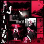  arisaka_ako black_dress blue_eyes collage crimson_camellia_(vocaloid) dress flower highres long_hair megurine_luka pink pink_hair red shoes sitting speaker speakers very_long_hair vocaloid 