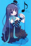  akiyama_mio bangs bare_shoulders black_hair blue_eyes blue_legwear blue_pantyhose blunt_bangs blush don't_say_&quot;lazy&quot; dress facepaint fingerless_gloves gloves hat highres hime_cut hinayuki_usa jewelry k-on! kneeling long_hair microphone mini_top_hat musical_note necklace open_mouth pantyhose ribbon scarf singing solo striped top_hat vintage_microphone 