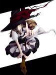  absurdres bad_id blonde_hair bow broom broom_riding flying hair_bow hat hat_over_one_eye highres kirisame_marisa memai nail_polish outstretched_hand ribbon simple_background solo touhou wind witch witch_hat yellow_eyes 