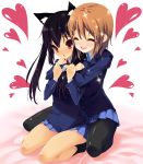 animal_ears cat_ears heart hirasawa_yui hug k-on! multiple_girls nakano_azusa nekomimi pantyhose school_uniform seifuku show_(rinne) show_(rinnetenshow) smile 