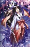  2girls absurdres back-to-back black_hair blue_eyes breasts cherry_blossoms eiwa headband highres horns japanese_clothes long_hair miko multiple_girls ninja queen&#039;s_blade queen's_blade shizuka shizuka_(queen's_blade) sword tomoe weapon 