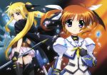  absurdres bardiche blonde_hair blue_eyes brown_hair cape cloud fate_testarossa gloves highres long_hair mahou_shoujo_lyrical_nanoha mahou_shoujo_lyrical_nanoha_the_movie_1st moon multiple_girls night panties petals raising_heart red_eyes short_hair sky takamachi_nanoha thigh-highs thighhighs twintails underwear very_long_hair 