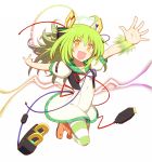  1girl boots dress electricity erokosei green_hair hair_ornament highres horizontal_stripes looking_at_viewer original outstretched_arms pantyhose plug prong solo spread_arms striped striped_legwear usb wire yellow_eyes 