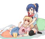  2girls aikatsu! black_legwear blonde_hair blue_eyes blue_hair blush bucket hoshimiya_ichigo kanzume_shima kiriya_aoi lap_pillow long_hair looking_at_another looking_down multiple_girls open_mouth pillow popcorn red_eyes seiza side_ponytail sitting skirt smile thigh-highs white_legwear 