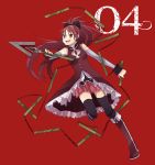  black_legwear boots buzz long_hair magical_girl mahou_shoujo_madoka_magica number numbers polearm ponytail reaching red_eyes sakura_kyouko simple_background solo spear thigh-highs thighhighs weapon zettai_ryouiki 