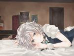  alcohol bed bed_sheet blue_eyes blush bottle bow braid brooch chair chikasatani daina_(encore62) glass hair_bow indoors izayoi_sakuya jewelry lying maid maid_headdress on_stomach short_hair silver_hair smile solo table touhou twin_braids whiskey wrist_cuffs 