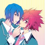  bad_id blue_hair blush carnelian chin_grab incipient_kiss male multiple_boys red_eyes red_hair redhead school_uniform shindou_sugata star_driver tsunashi_takuto yaoi yellow_eyes 