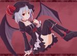  alternate_costume arm_support bat_wings black_legwear blue_hair boots choker collarbone dress dutch_angle hat heno51 red_eyes remilia_scarlet short_hair smile solo thigh-highs thighhighs touhou wings 