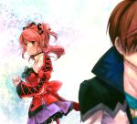  asbel_lhant bow brooch brown_eyes brown_hair cheria_barnes close-up coat couple hands_clasped heart jewelry momo_(gomenne) pink_hair ribbon sad short_hair short_twintails skirt tales_of_(series) tales_of_graces twintails 