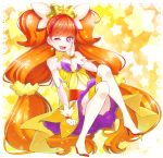  1girl ;d absurdres amanogawa_kirara bare_shoulders choker cure_twinkle earrings go!_princess_precure highres jewelry long_hair magical_girl one_eye_closed open_mouth orange_hair precure smile solo star star_earrings starry_background thigh-highs twintails very_long_hair violet_eyes white_legwear yellow_background yupiteru 