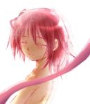  bust closed_eyes eyes_closed hair_down hanasuke kaname_madoka light_smile mahou_shoujo_madoka_magica nude pink_hair ribbon short_hair simple_background smile spoilers tears topless 