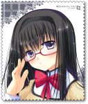  adjusting_hair akemi_homura black_hair blush face hairband long_hair mahou_shoujo_madoka_magica postage_stamp purple_eyes school_uniform solo sousouman stamp violet_eyes 