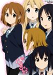  5girls :o akiyama_mio artist_name black_eyes black_hair blazer blonde_hair blue_eyes brown_eyes brown_hair eyebrows hair_ornament hairclip hirasawa_yui k-on! kotobuki_tsumugi long_hair multiple_girls nakano_azusa pantyhose school_uniform short_hair signature tainaka_ritsu thick_eyebrows twintails vulcan_salute yamasaki_wataru 