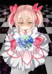  checkered checkered_floor choker earth gloves highres kaname_madoka magical_girl mahou_shoujo_madoka_magica pink_eyes pink_hair puffy_sleeves smile translated twintails white_gloves yucblossom 