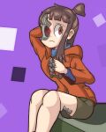  1girl alternate_costume android arms_behind_head artist_request bangs blue_sweater brown_hair brown_shorts coat damaged frown glowing glowing_eyes kagari_atsuko little_witch_academia looking_at_viewer mechanical_parts orange_coat purple_background red_eyes shorts sitting solo sweater 