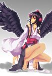  barefoot black_hair dacho hat japanese_clothes legs red_eyes shameimaru_aya short_hair solo tokin_hat touhou traditional_clothes wings 