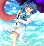  1girl :d blue_eyes blue_hair blush geta heterochromia highres karakasa_obake leg_up open_mouth red_eyes short_hair skirt smile solo star tatara_kogasa tongue touhou umbrella uranaishi_(miraura) 