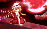 blonde_hair cloud clouds dress flandre_scarlet full_moon hat highres moon night nunua red_dress red_eyes side_ponytail sitting solo the_embodiment_of_scarlet_devil touhou wings 