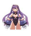  blush breasts cleavage closed_eyes cross dark_eclair detached_sleeves earrings eclair_(la_pucelle) elbow_gloves eyes_closed gloves headdress highleg highleg_leotard jewelry la_pucelle leotard long_hair nippon_ichi nomura_ryouji official_art purple_hair smile solo thighs 